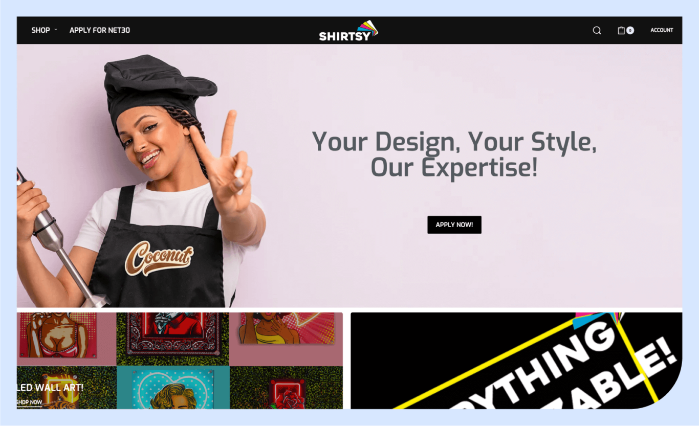 Screenshot of the Shirtsy website