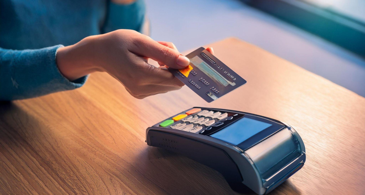 Adobe Firefly prompt: Close up portrait in landscape orientation of a person’s hand holding a credit card over a payment terminal.