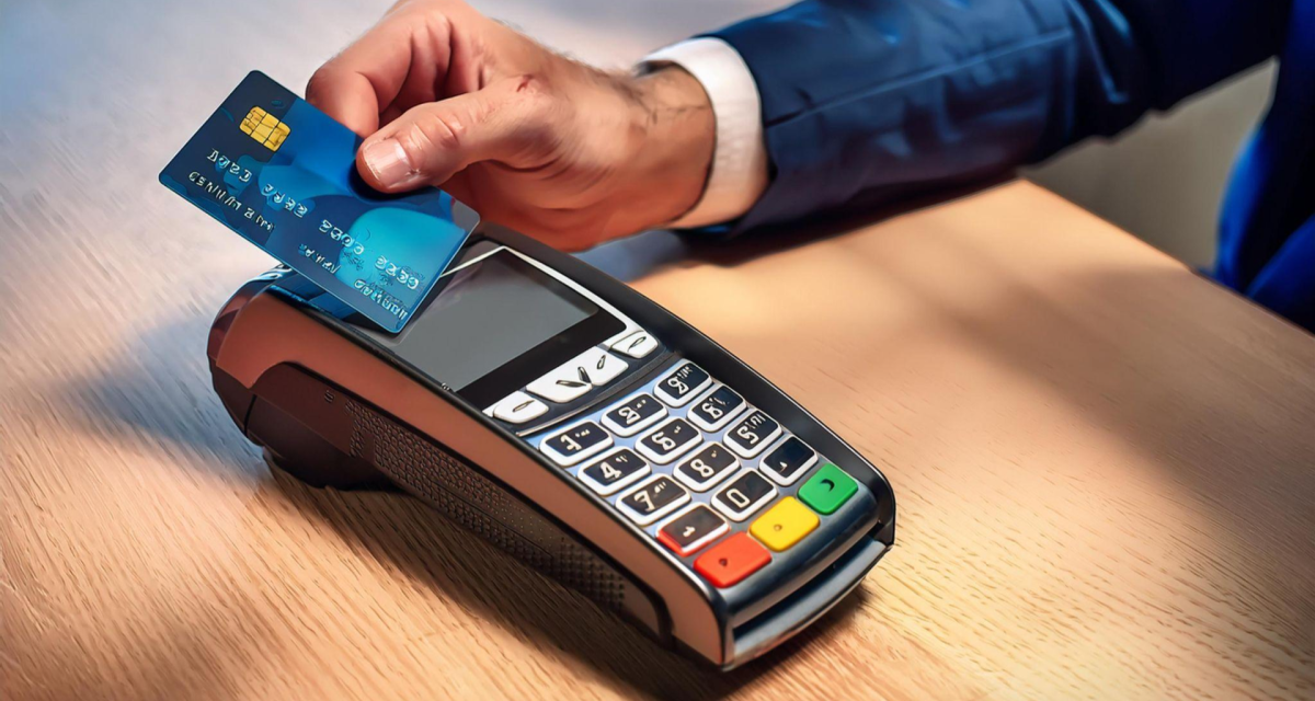 Adobe Firefly prompt: Close up portrait in landscape orientation of a person’s hand holding a credit card over a payment terminal.