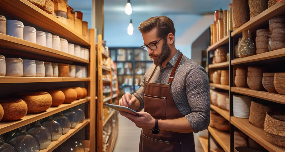Adobe Firefly prompt: Photo of a small business owner taking inventory on a tablet for a lifestyle shop.
