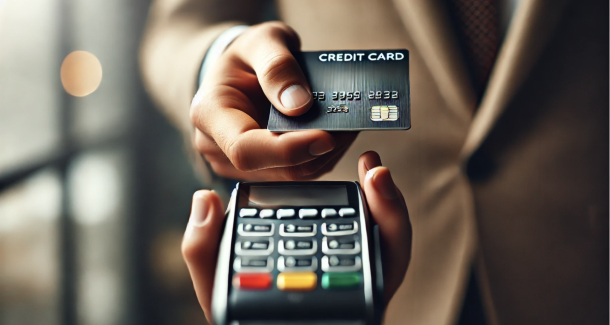 DALL·E prompt: Close up portrait in landscape orientation of a person’s hand holding a credit card over a payment terminal.