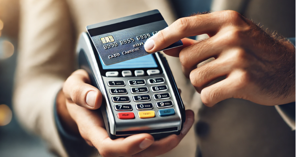 DALL·E prompt: Close up portrait in landscape orientation of a person’s hand holding a credit card over a payment terminal.