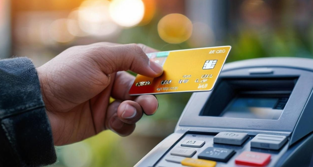 Haiper prompt: Close up portrait in landscape orientation of a person’s hand holding a credit card over a payment terminal.