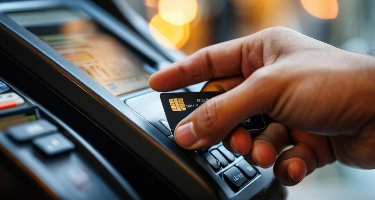 Haiper prompt: Close up portrait in landscape orientation of a person’s hand holding a credit card over a payment terminal.