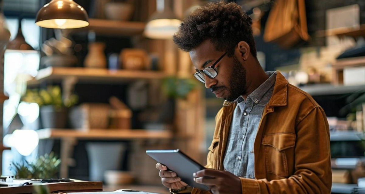 Haiper prompt: Photo of a small business owner taking inventory on a tablet for a lifestyle shop.