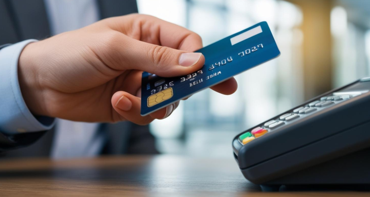 Leonardo Phoenix prompt: Close up portrait in landscape orientation of a person’s hand holding a credit card over a payment terminal.