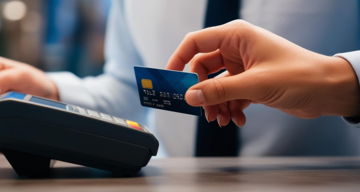 Leonardo Phoenix prompt: Close up portrait in landscape orientation of a person’s hand holding a credit card over a payment terminal.