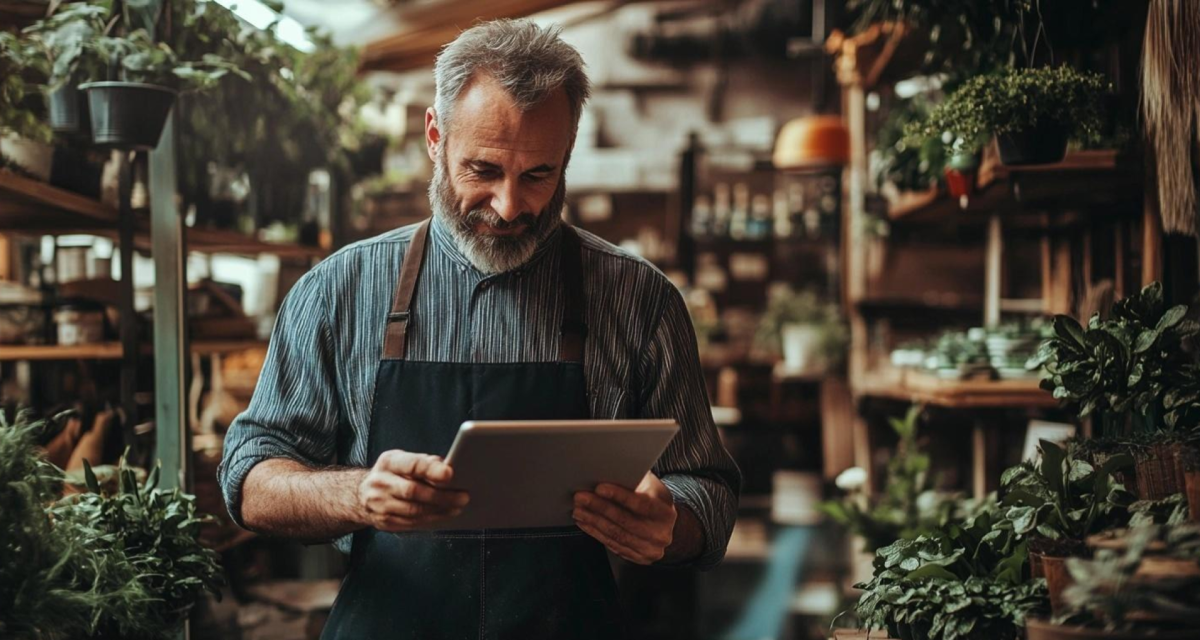 Midjourney prompt: Photo of a small business owner taking inventory on a tablet for a lifestyle shop.