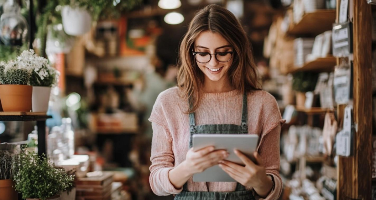 Midjourney prompt: Photo of a small business owner taking inventory on a tablet for a lifestyle shop.